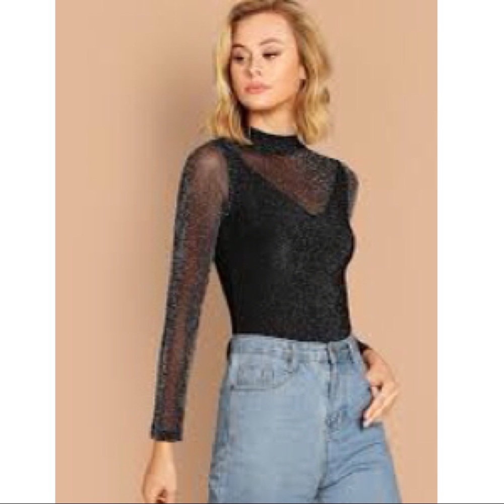 Shein Mock Neck Glitter Mesh Long Sleeve Top Small